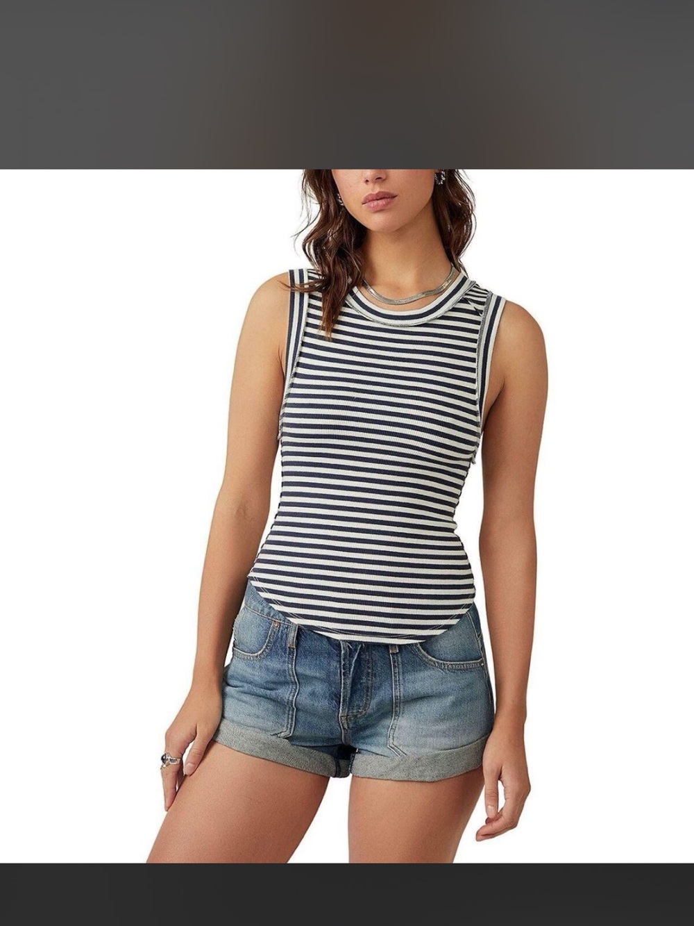 Women’s We The Free Navy and White Striped Ribbed Muscle Tank